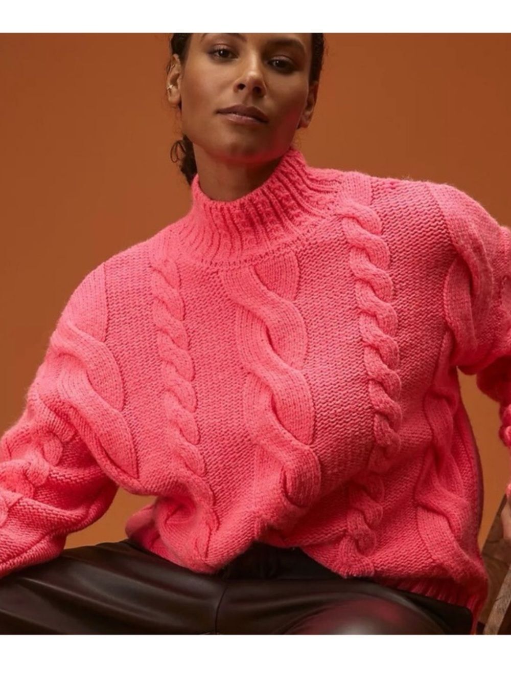 ANTHROPOLOGIE MAEVE WOMENS MOCK NECK CABLE KNIT PINK SWEATER XS